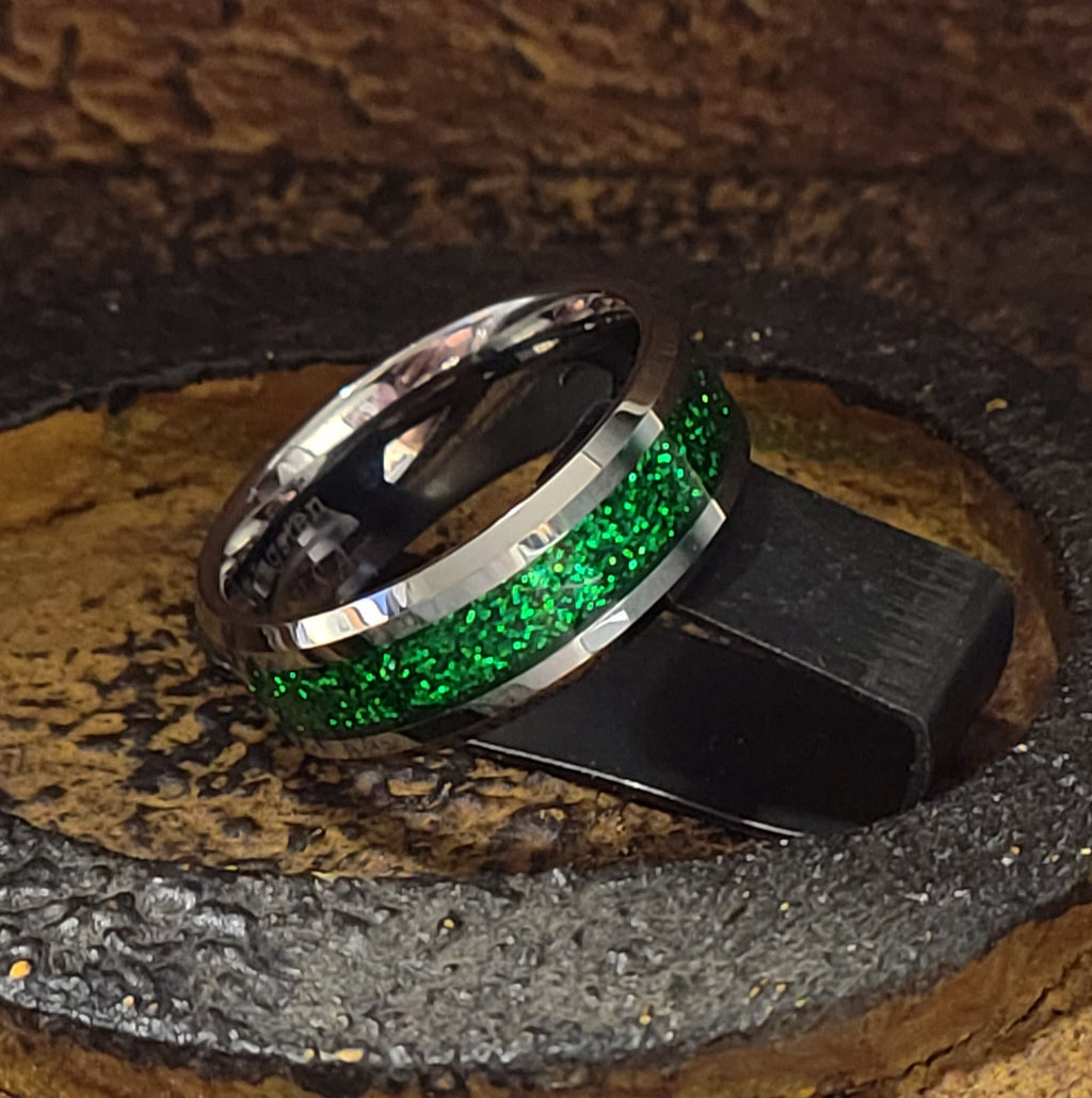 Personalized Men's Green Emerald Galaxy Tungsten Promise Ring