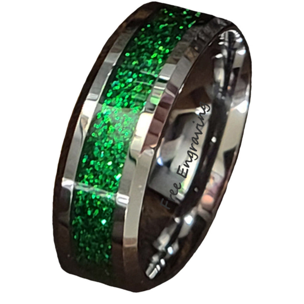 Personalized Men's Green Emerald Galaxy Tungsten Wedding Ring Band