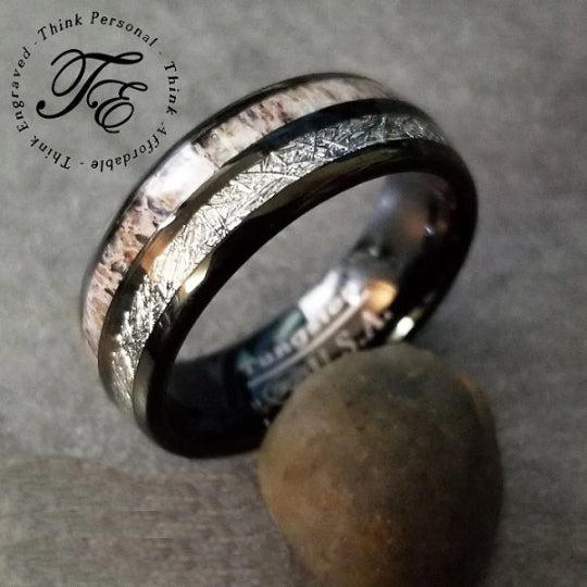 Personalized Men's Meteor and Antler Black Tungsten Promise Ring - Handwriting Ring