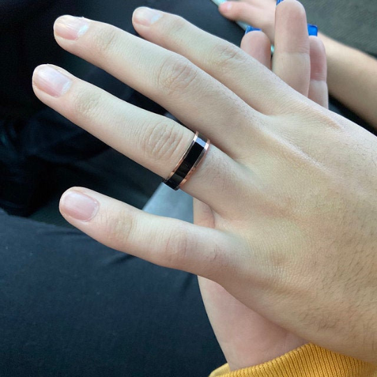 Personalized Men's Promise Ring With Rose Gold ip and Ceramic Inlay