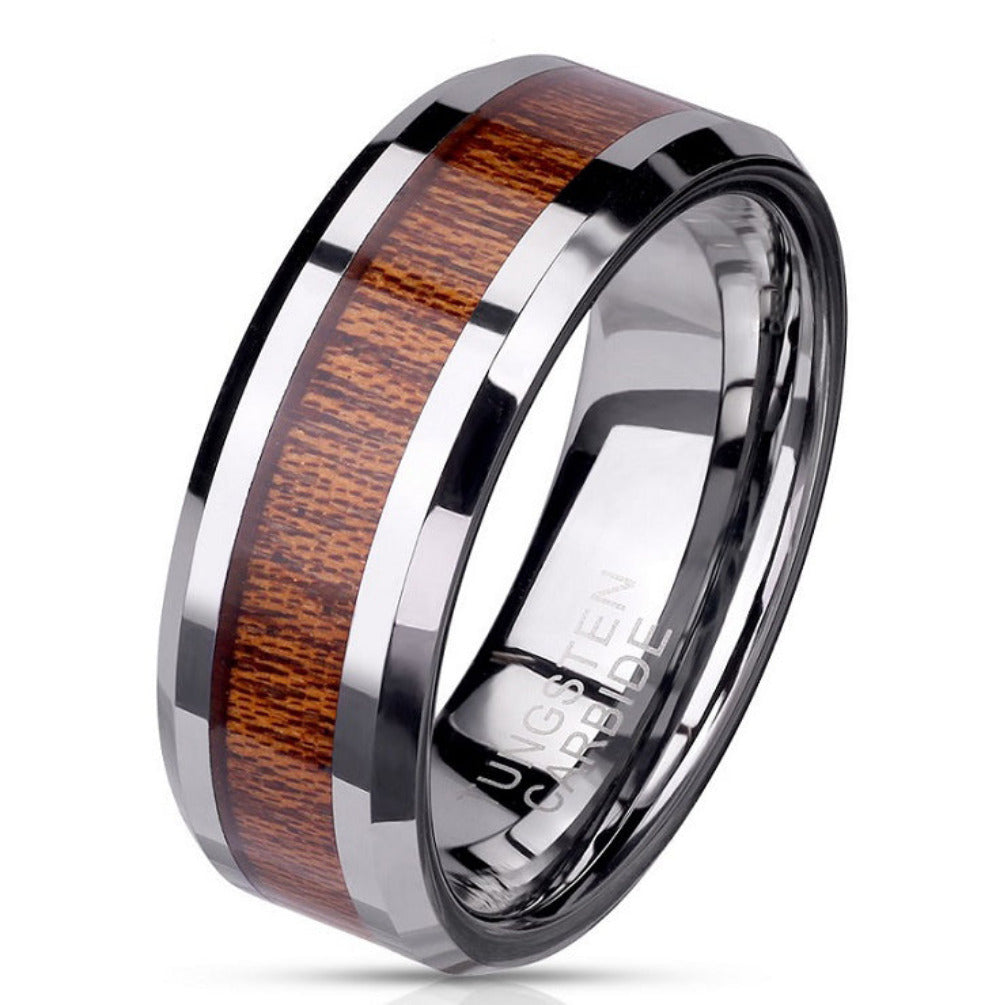 Personalized Men's Tungsten Promise Ring - Silver With Wood Inlay
