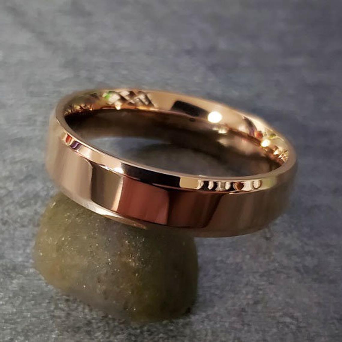 Personalized Men's Promise Ring Band - Beveled Brushed Rose Gold IP