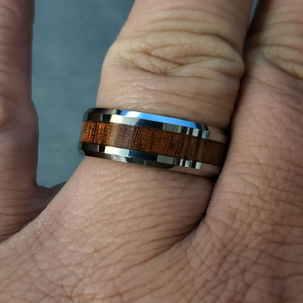 Personalized Men's Tungsten Wedding Band - Silver With Wood Inlay