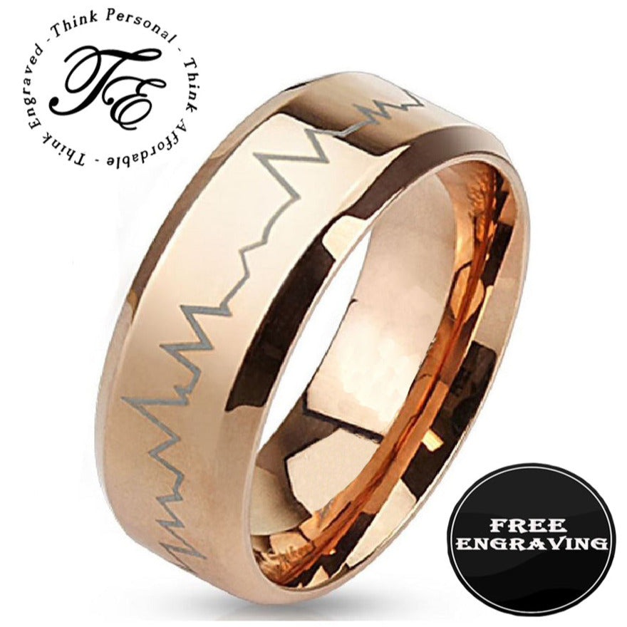 Personalized Men's Rose Gold Heart Beat Wedding Ring - Handwriting Ring