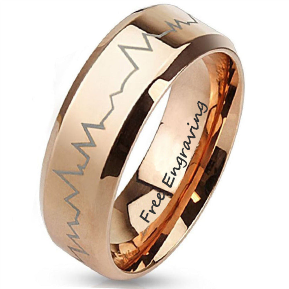 Personalized Men's Rose Gold Heart Beat Wedding Ring - Handwriting Ring