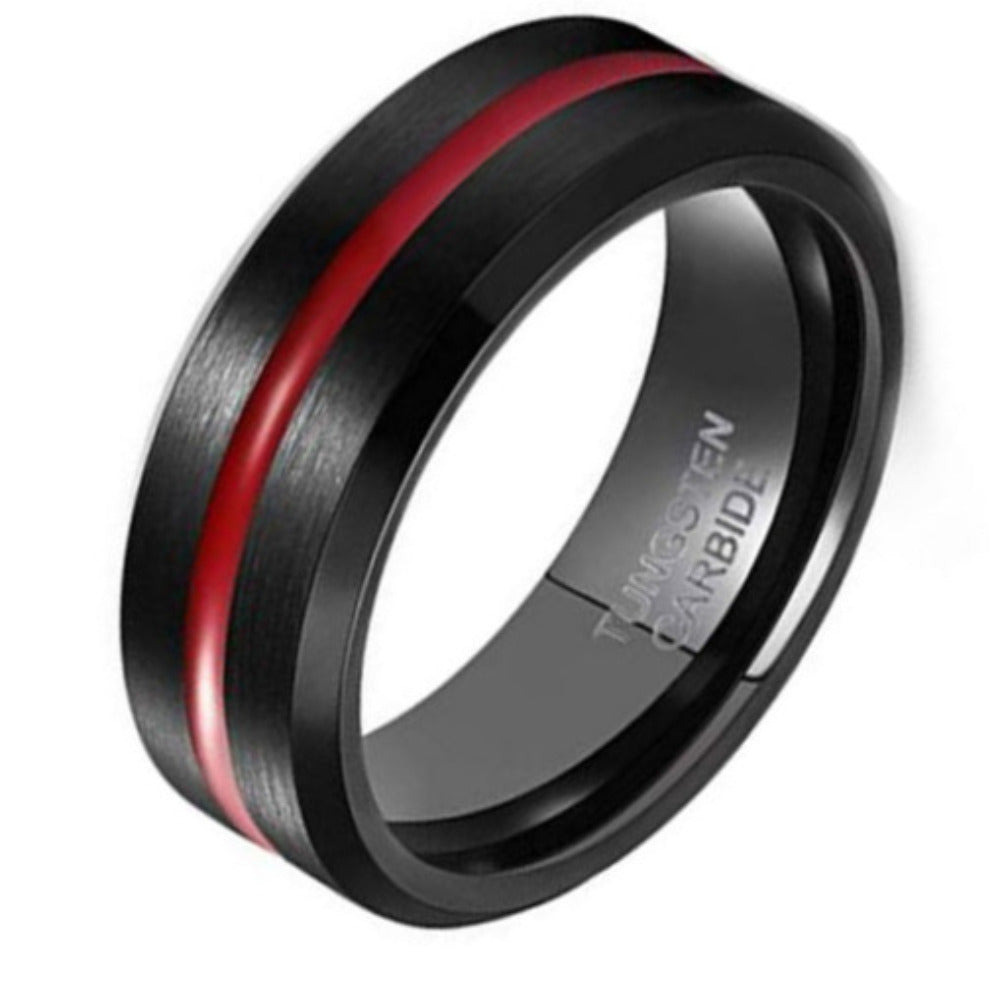Personalized Men's Wedding Band With Thin Red Line Groove