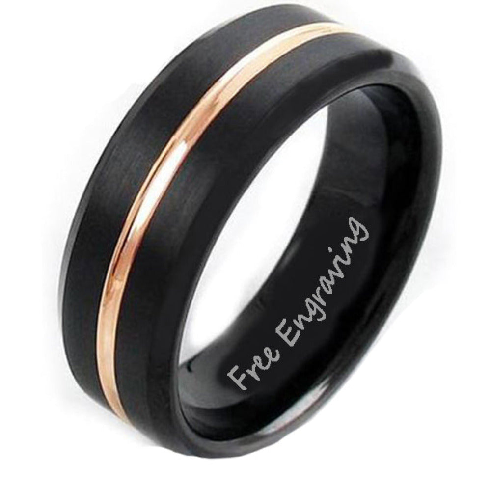 Personalized Men's Wedding Ring Band With Thin Gold Line Groove