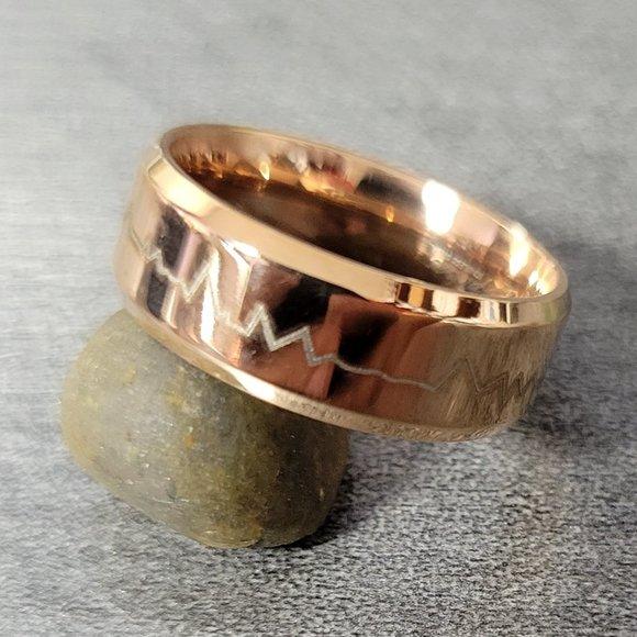 Personalized Men's Rose Gold Heart Beat Wedding Ring - Handwriting Ring