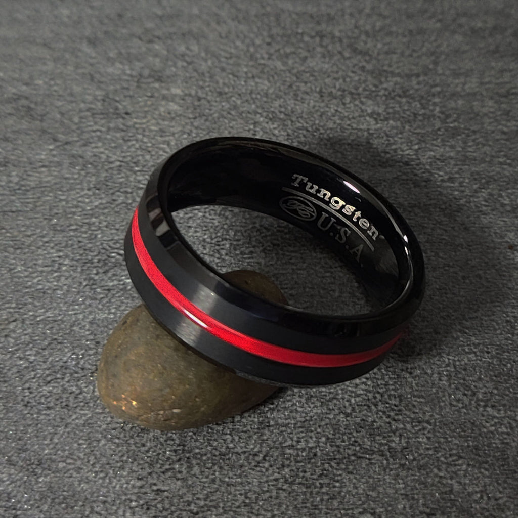 Personalized Men's Wedding Band With Thin Red Line Groove