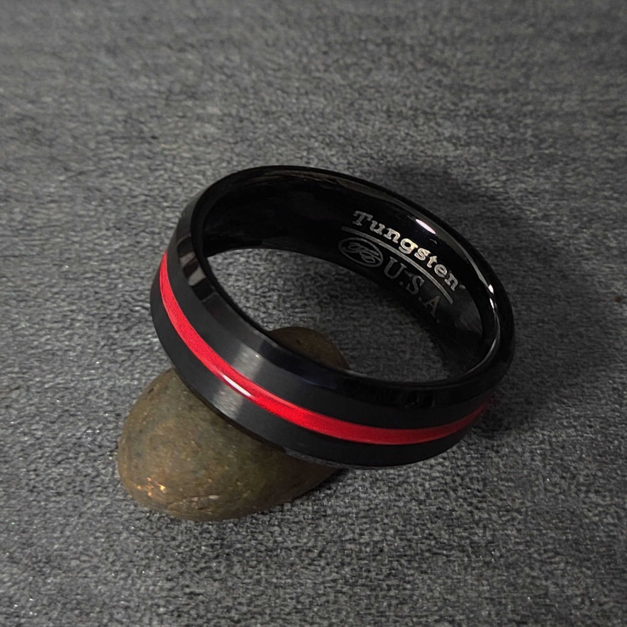 Personalized Men's Wedding Band With Thin Red Line Groove