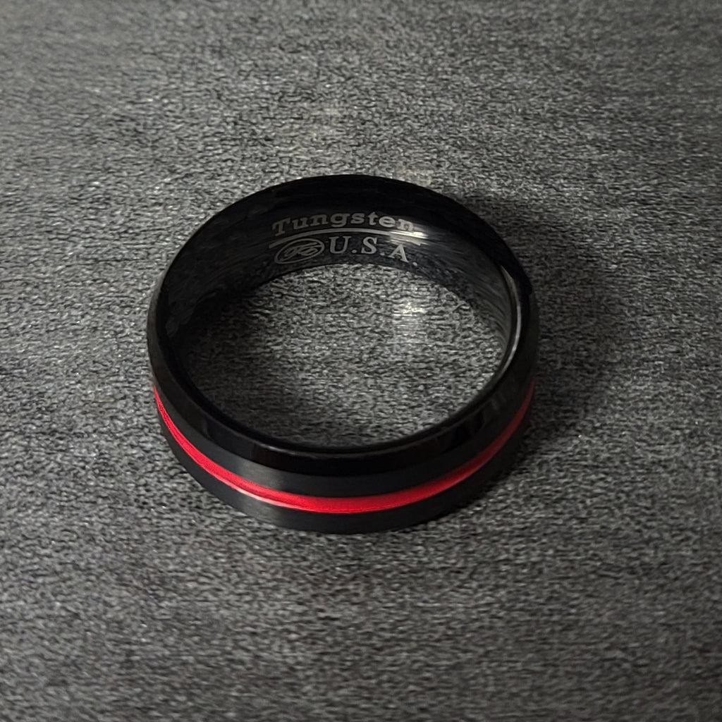 Personalized Men's Wedding Band With Thin Red Line Groove