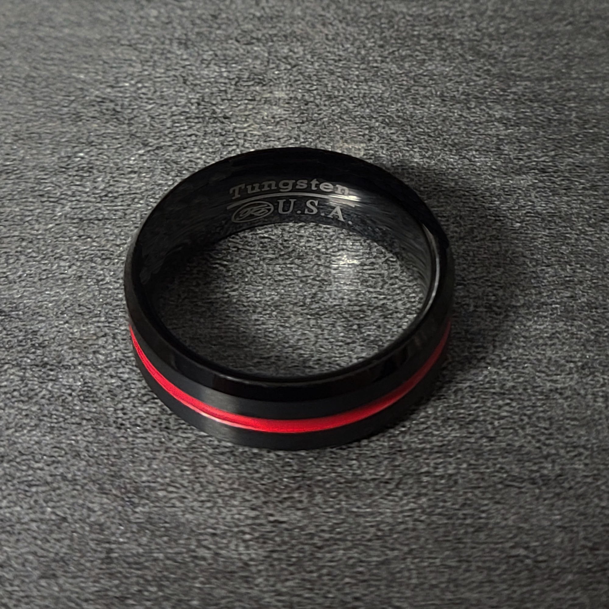 Personalized Men's Wedding Band With Thin Red Line Groove
