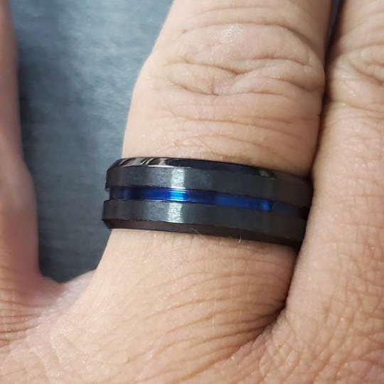 Personalized Men's Wedding Ring Band - Black and Blue Line Groove