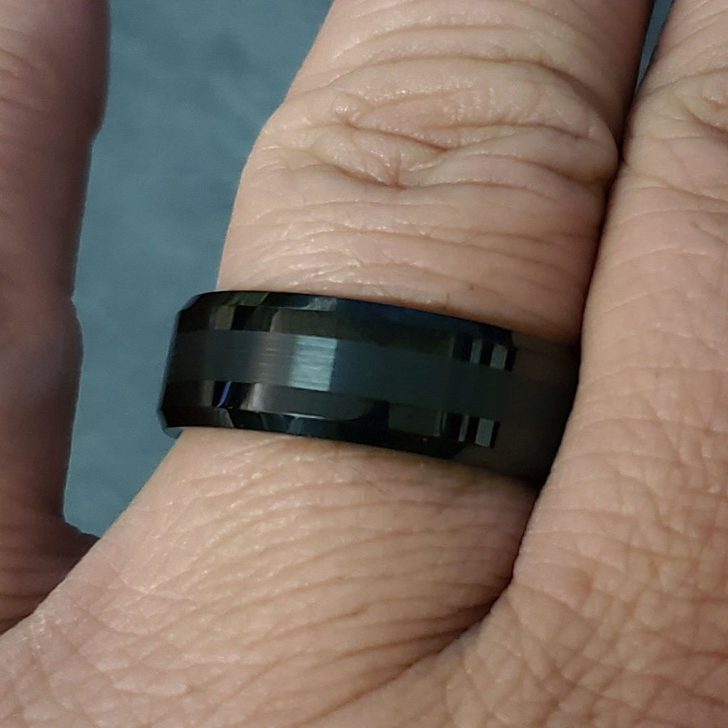 Personalized Men's Wedding Ring Band Two Tone Black Tungsten