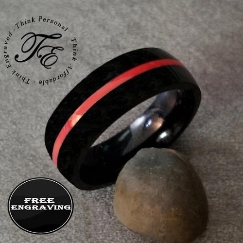 Personalized Men's Wedding Ring - Black With Red Line Groove Stainless Steel