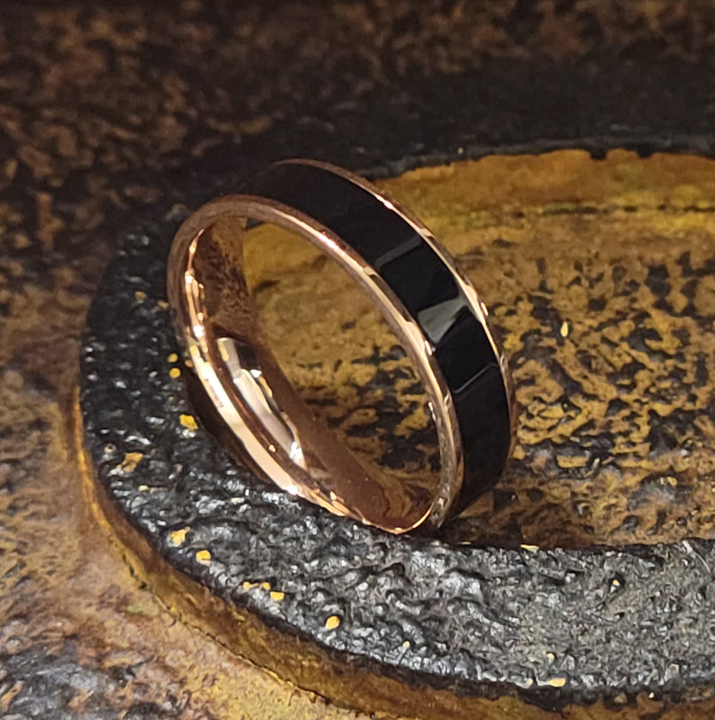 Personalized Men's Wedding Band With Rose Gold ip and Ceramic Inlay