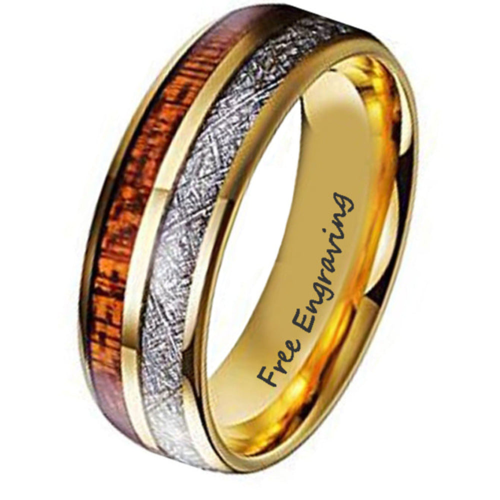 Personalized Men's Gold Tungsten Wedding Ring Wood and Meteor