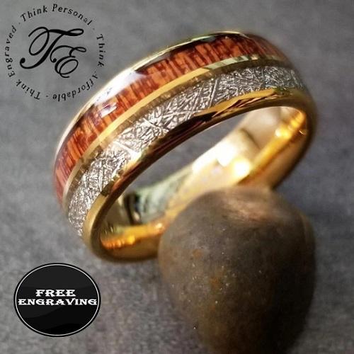 Personalized Men's Gold Tungsten Wedding Ring Wood and Meteor
