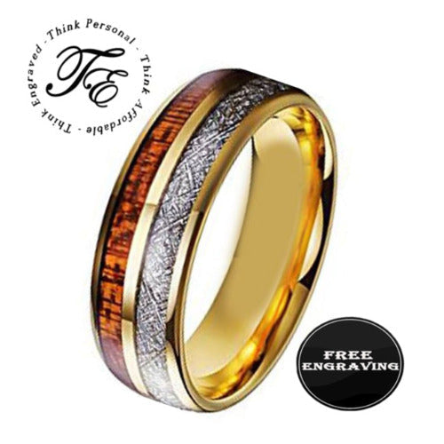 Personalized Men's Gold Tungsten Wedding Ring Wood and Meteor