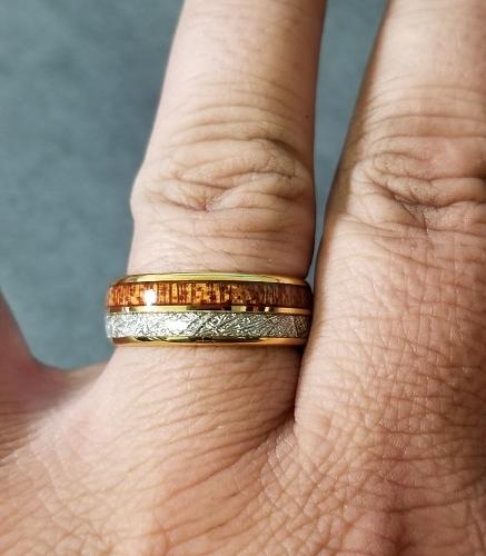 Personalized Men's Gold Tungsten Wedding Ring Wood and Meteor