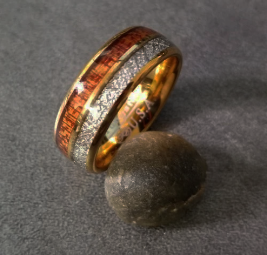Personalized Men's Gold Tungsten Wedding Ring Wood and Meteor
