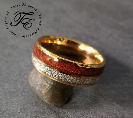 Personalized Men's Gold Tungsten Wedding Ring Wood and Meteor