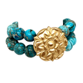 Two Strand Turquoise Aqua Terra and Matte Gold Flower Stretch Bracelet
