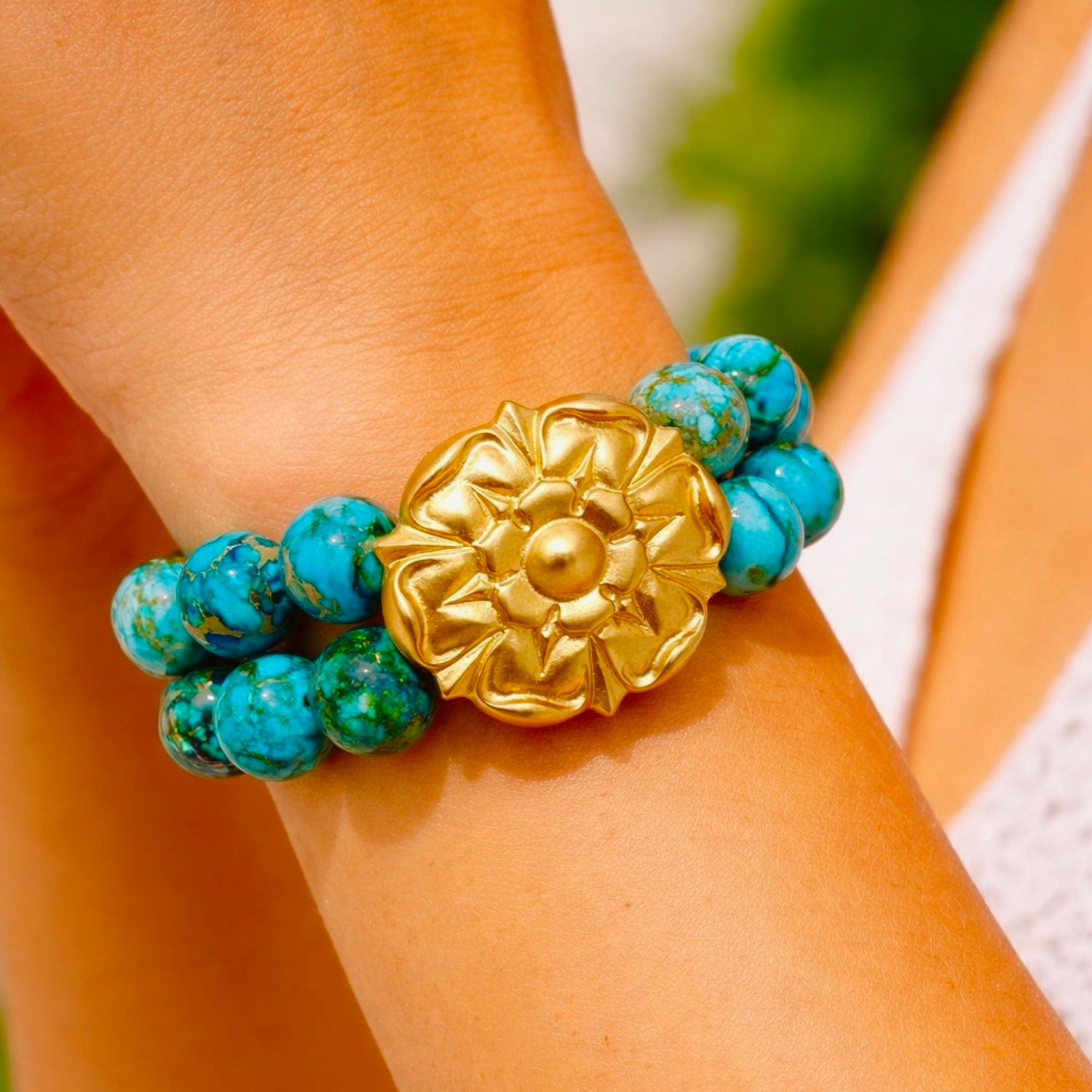 Two Strand Turquoise Aqua Terra and Matte Gold Flower Stretch Bracelet