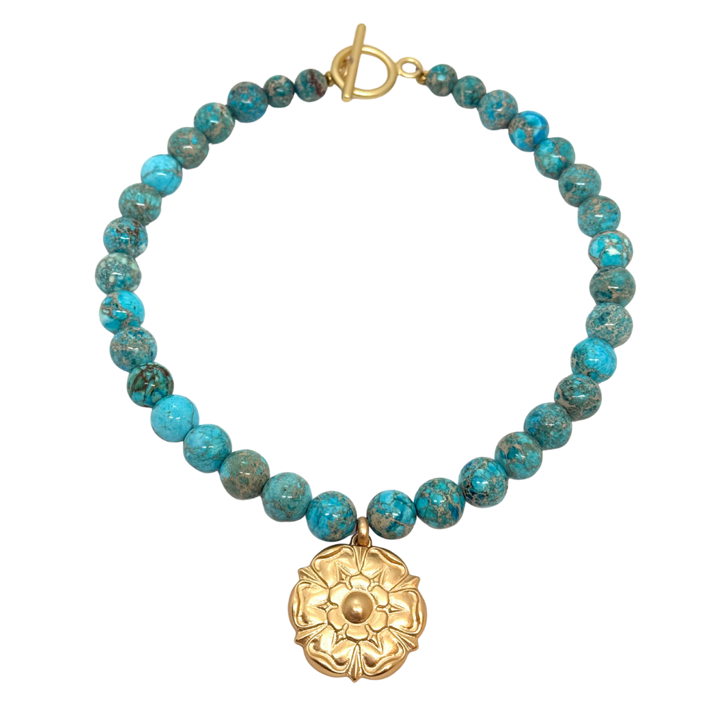 Matte Gold Flower Pendant on Turquoise Aqua Terra