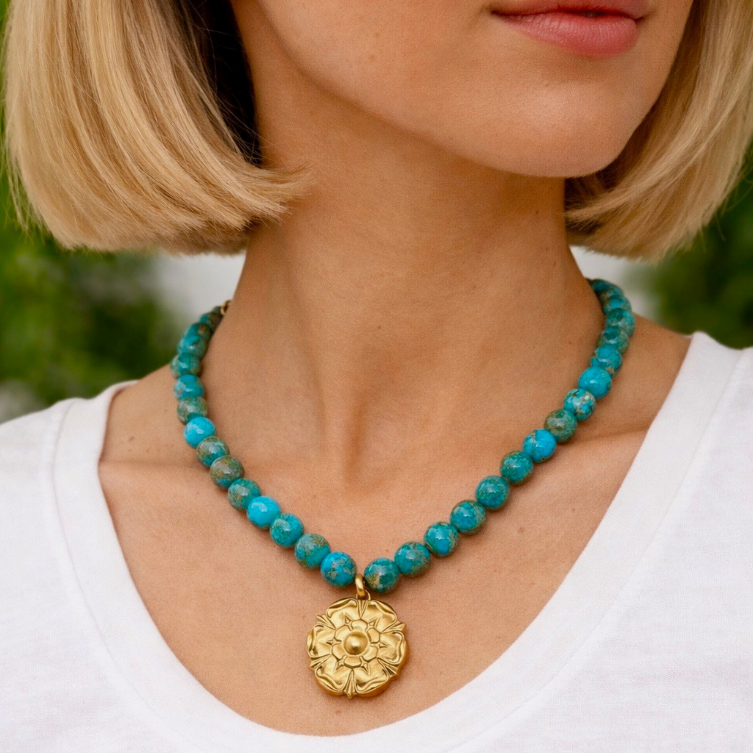 Matte Gold Flower Pendant on Turquoise Aqua Terra