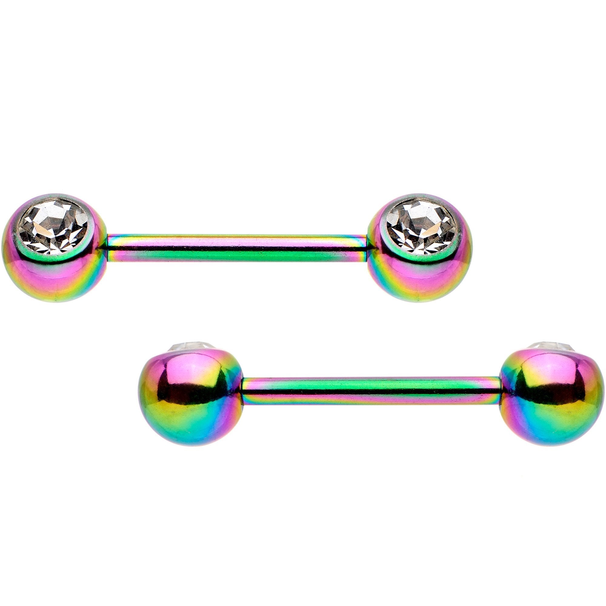 Clear Gem Rainbow PVD Stainless Steel Barbell Nipple Ring Set of 4
