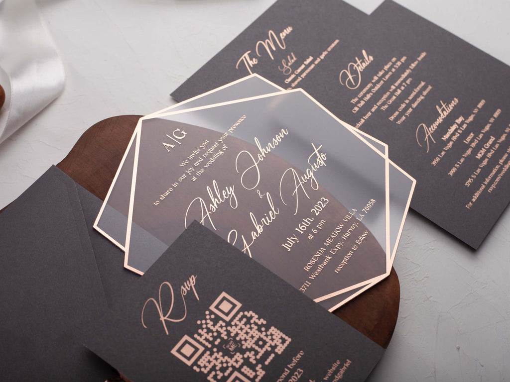 Rose Gold Printed Acrylic Wedding Invitations | Gray Envelope