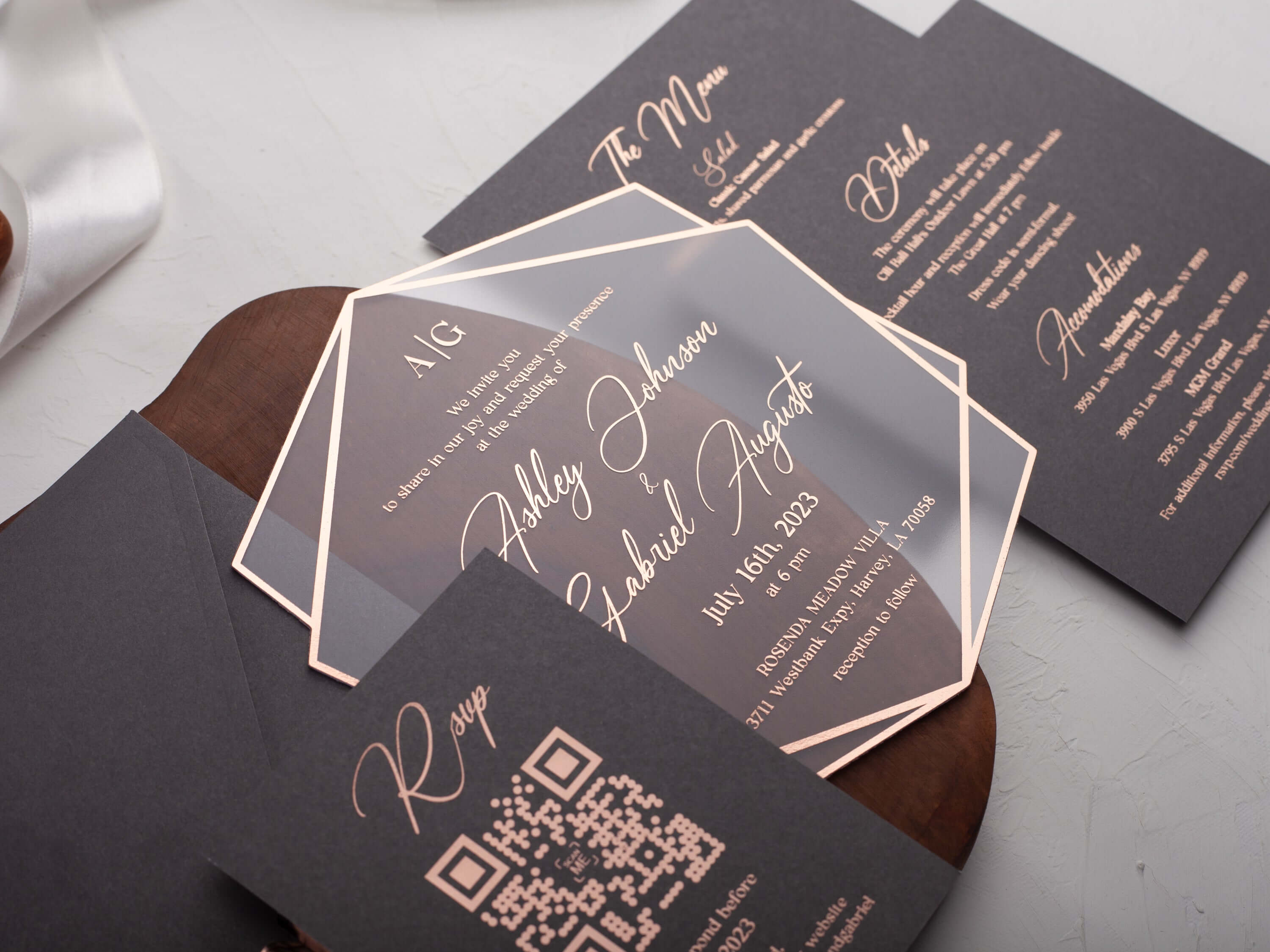 Rose Gold Printed Acrylic Wedding Invitations | Gray Envelope