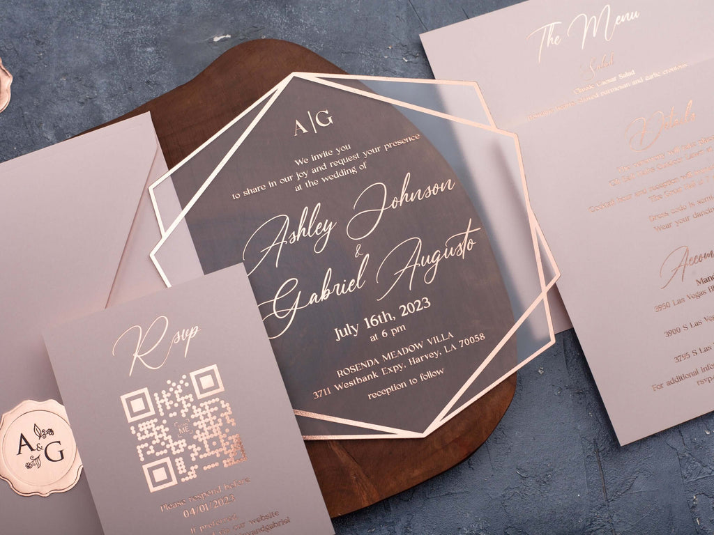 Blush Pink Acrylic Wedding Invitations with Rose Gold Foil Printing