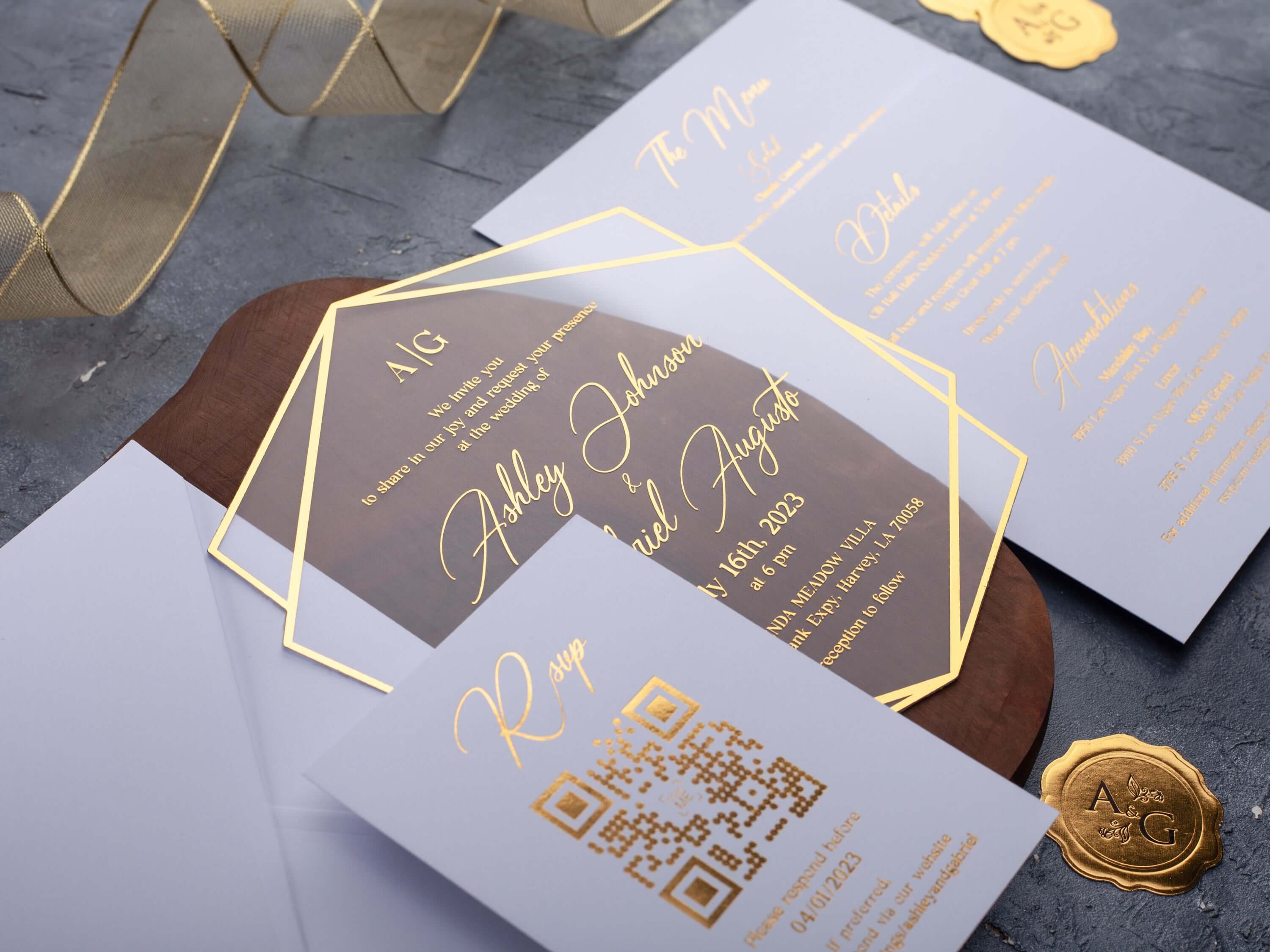 White Acrylic Wedding Invitations with Gold Foil Printing