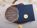 Navy Blue Acrylic Wedding Invitations with Gold Foil Printing