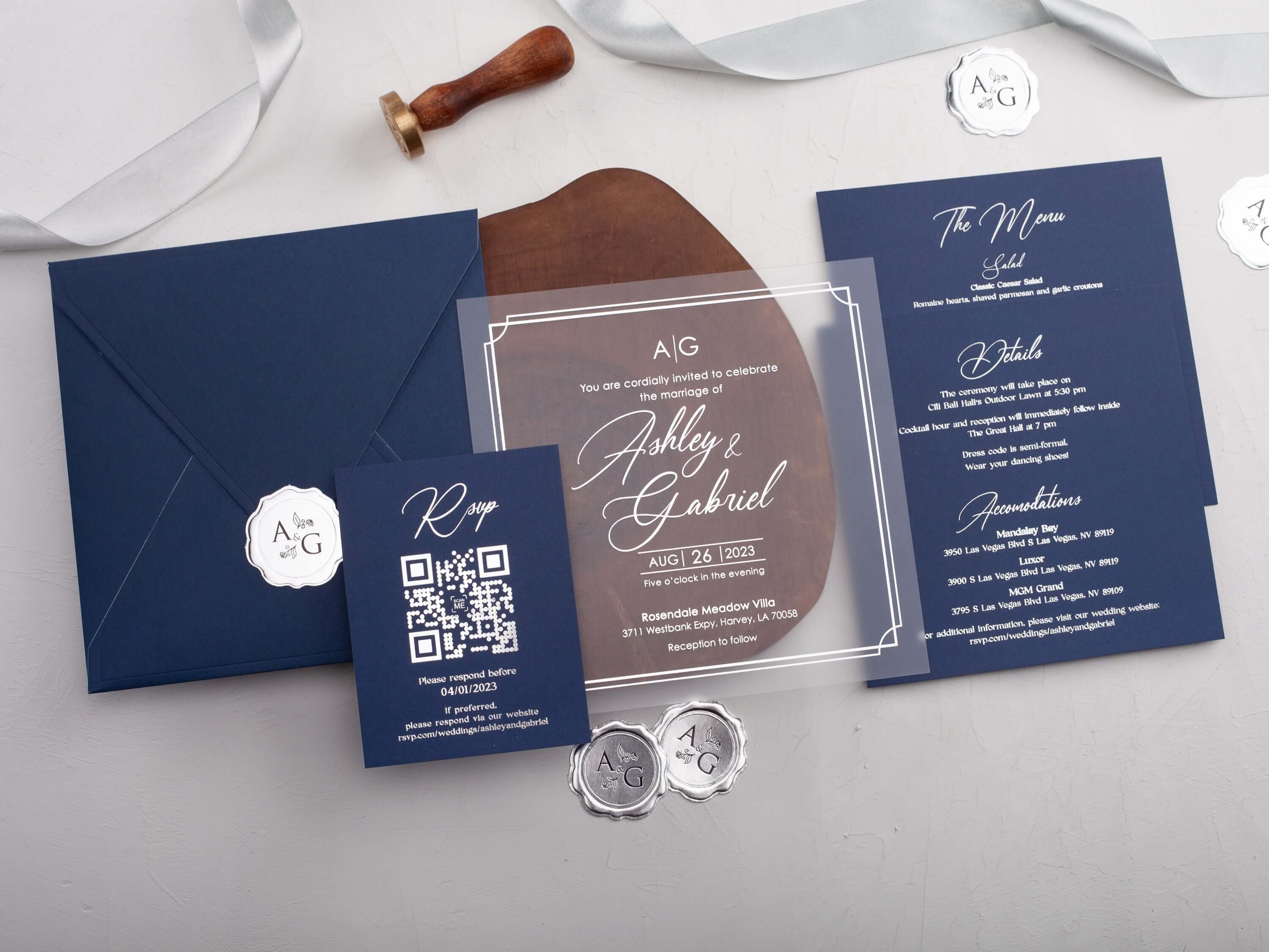 Navy Blue Foiled Acrylic Wedding Invitations with Half Jacket