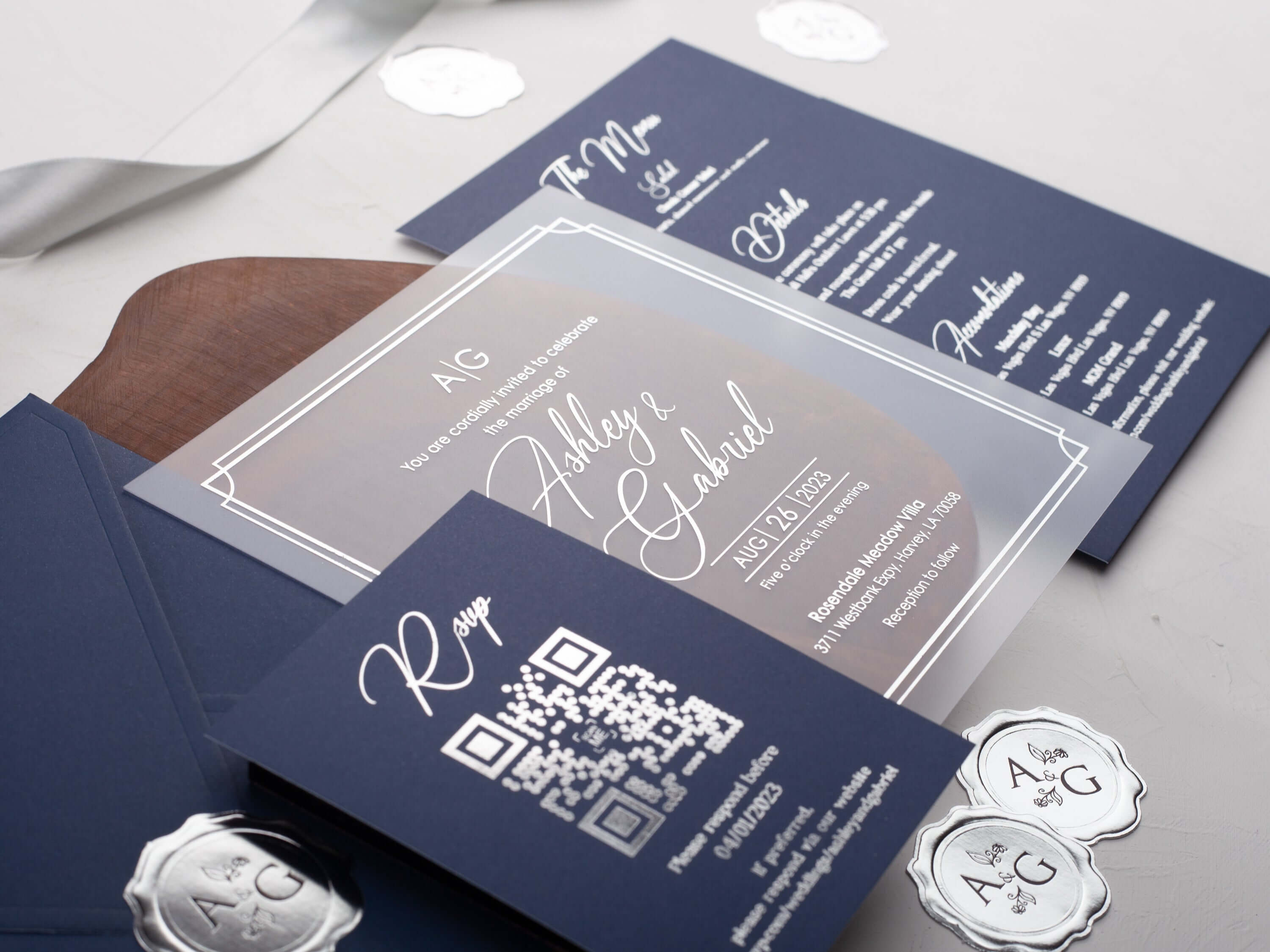 Navy Blue Foiled Acrylic Wedding Invitations with Half Jacket