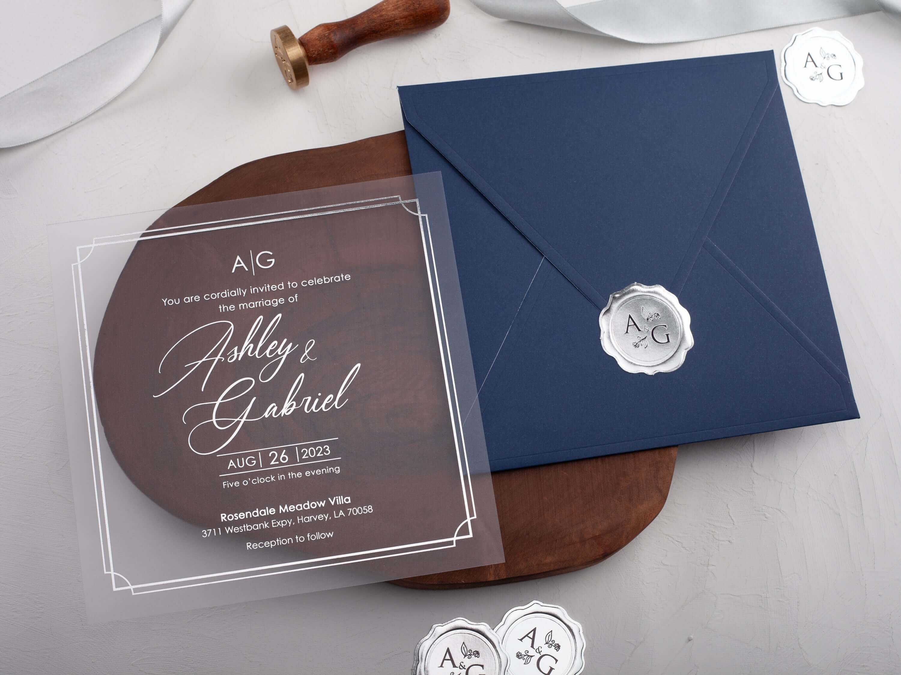 Navy Blue Foiled Acrylic Wedding Invitations with Half Jacket