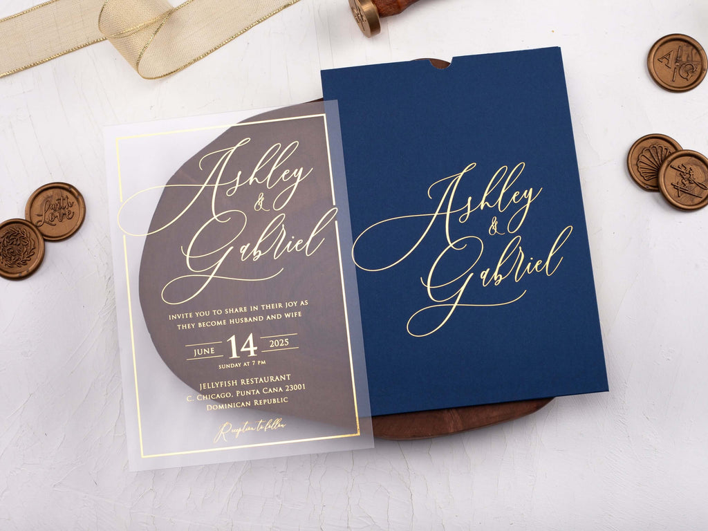 Navy Blue Acrylic Wedding Invitation with Gold Foil Print