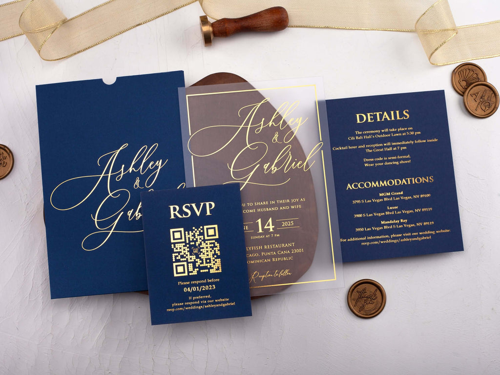 Navy Blue Acrylic Wedding Invitation with Gold Foil Print