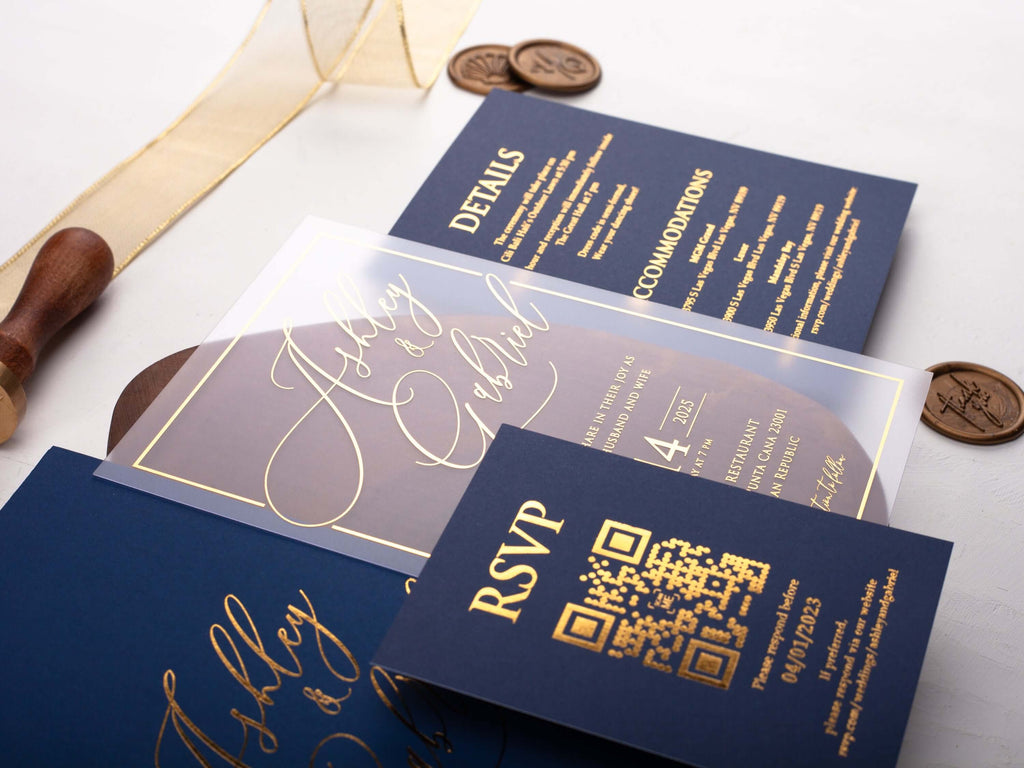 Navy Blue Acrylic Wedding Invitation with Gold Foil Print