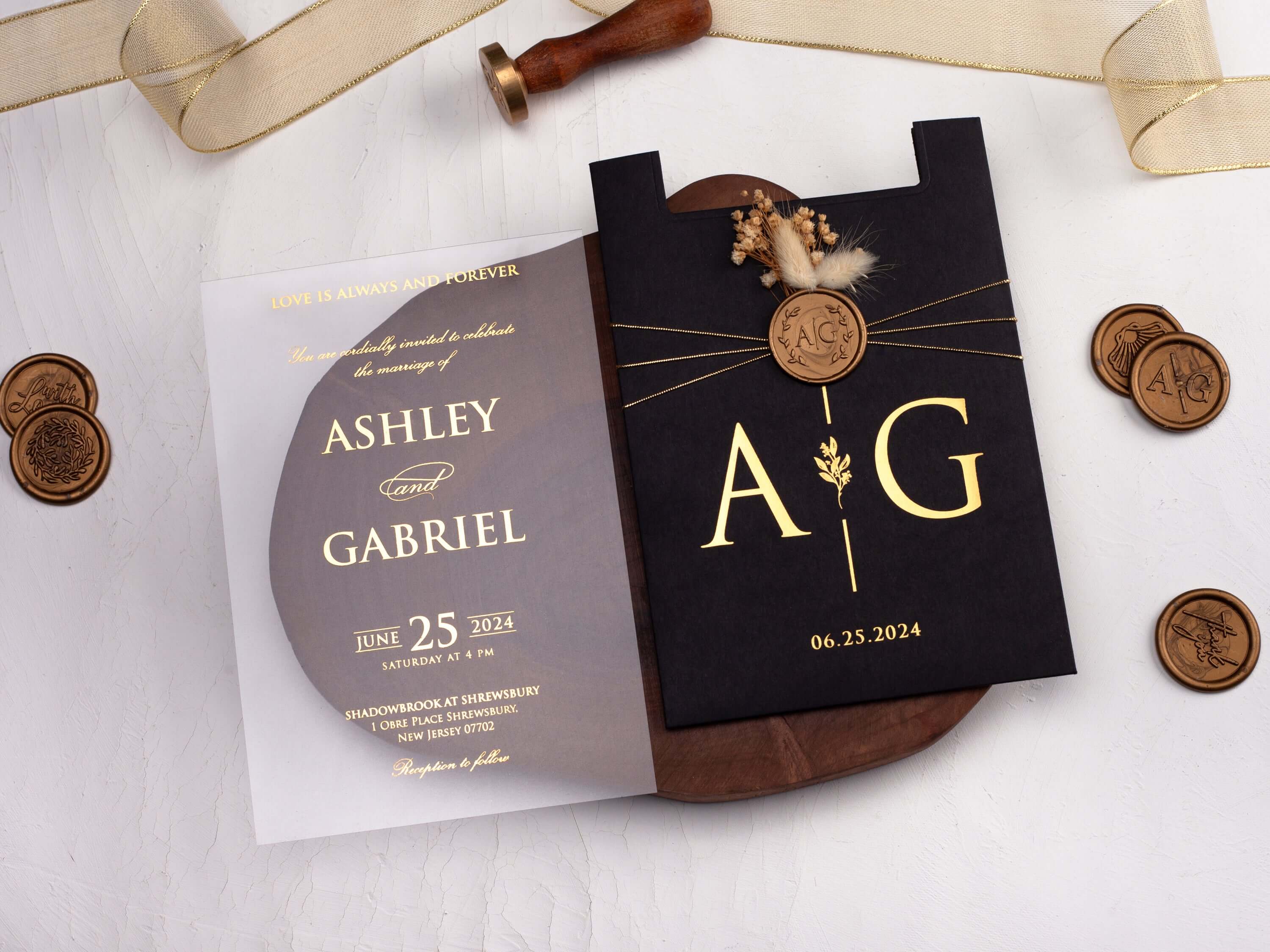 Acrylic Wedding Invitations with Black Sleeve Envelope