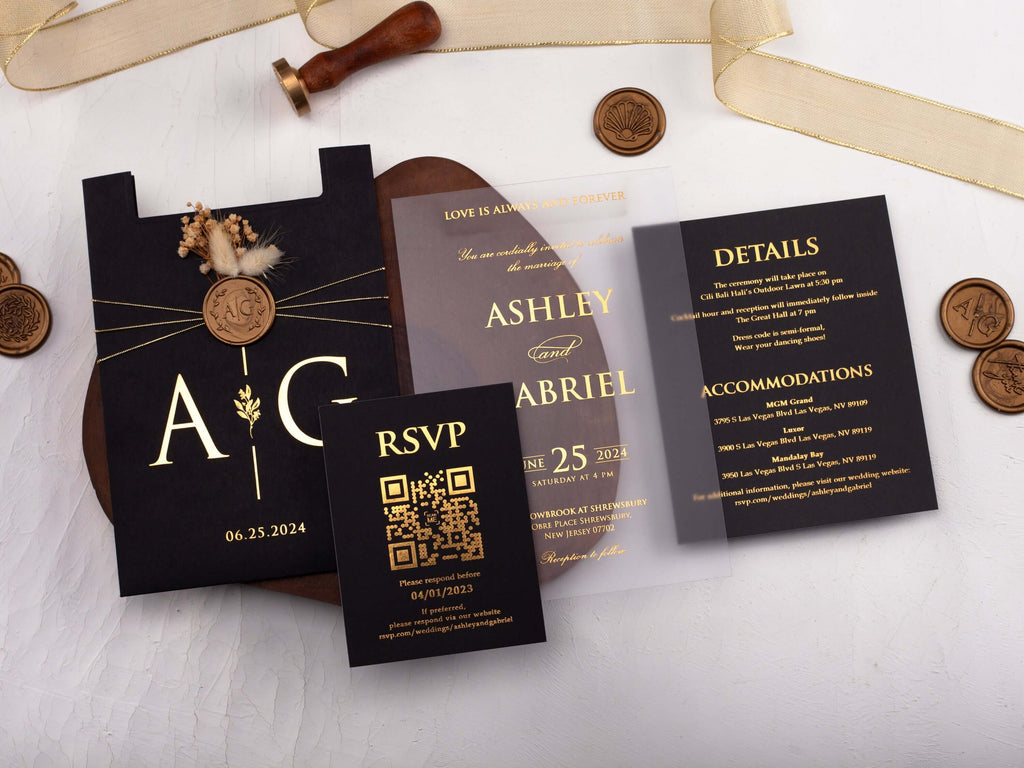 Acrylic Wedding Invitations with Black Sleeve Envelope