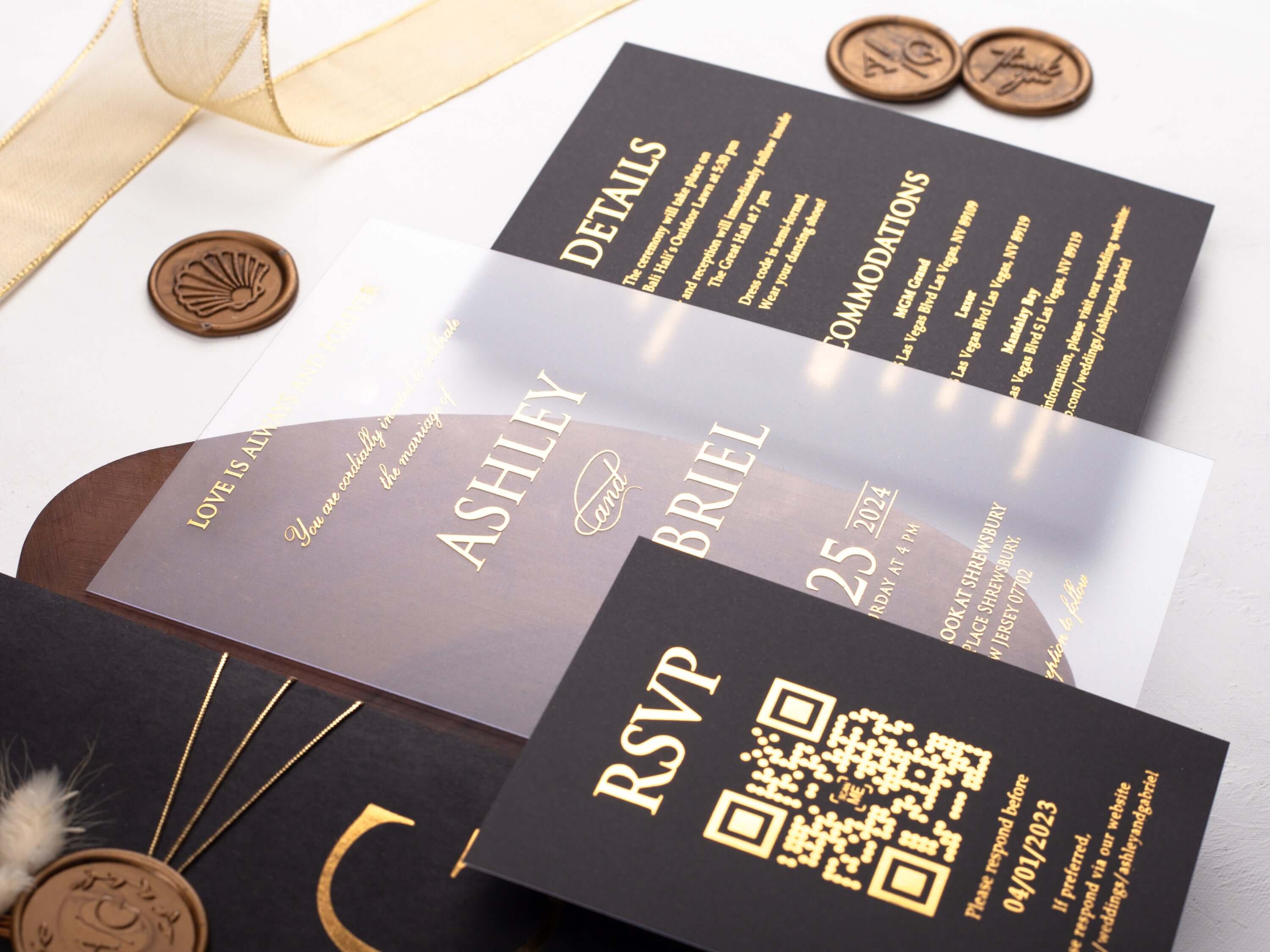 Acrylic Wedding Invitations with Black Sleeve Envelope