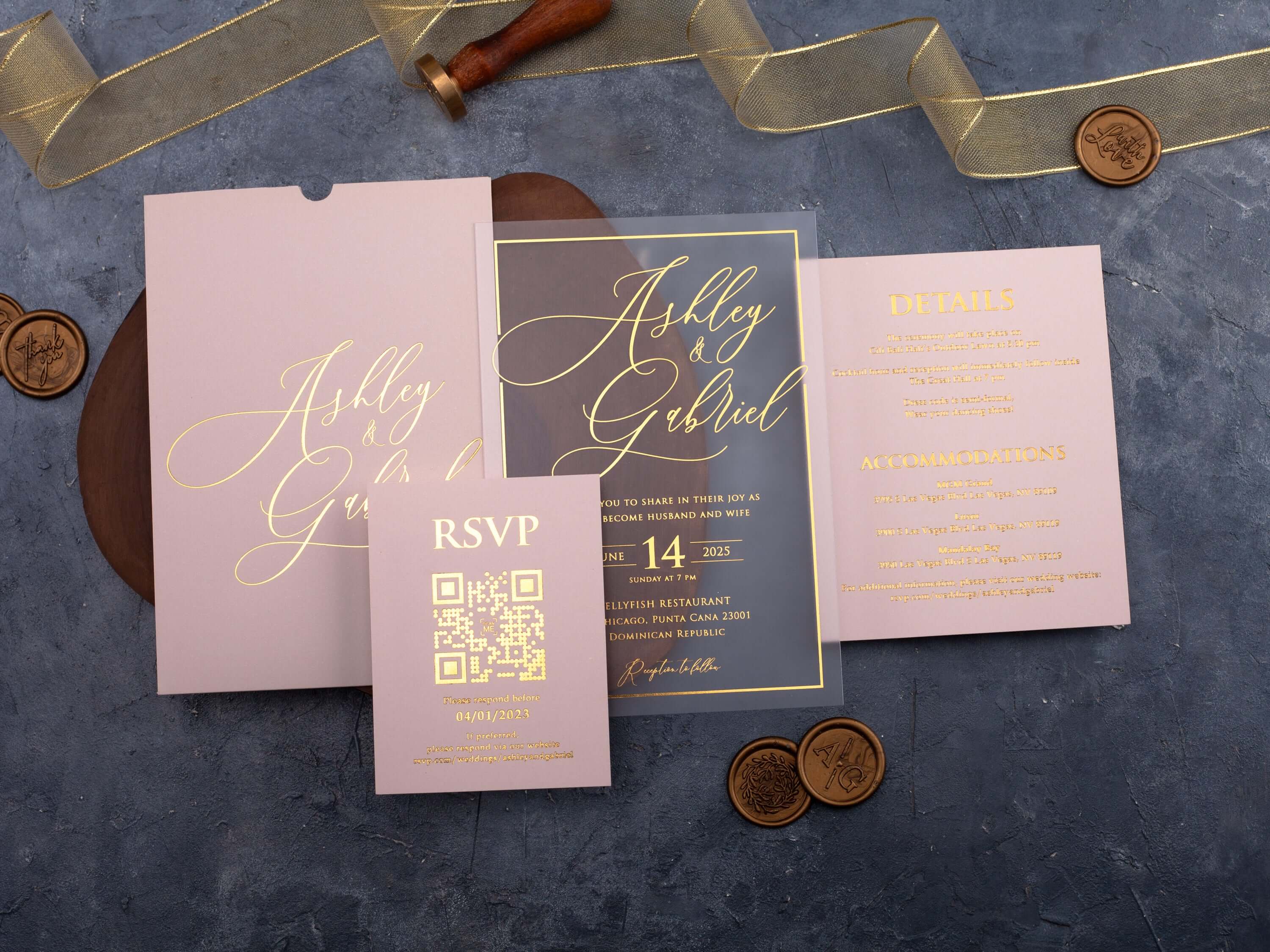 Gold Foil Printed Acrylic Wedding Invitation | Blush Pink Envelope