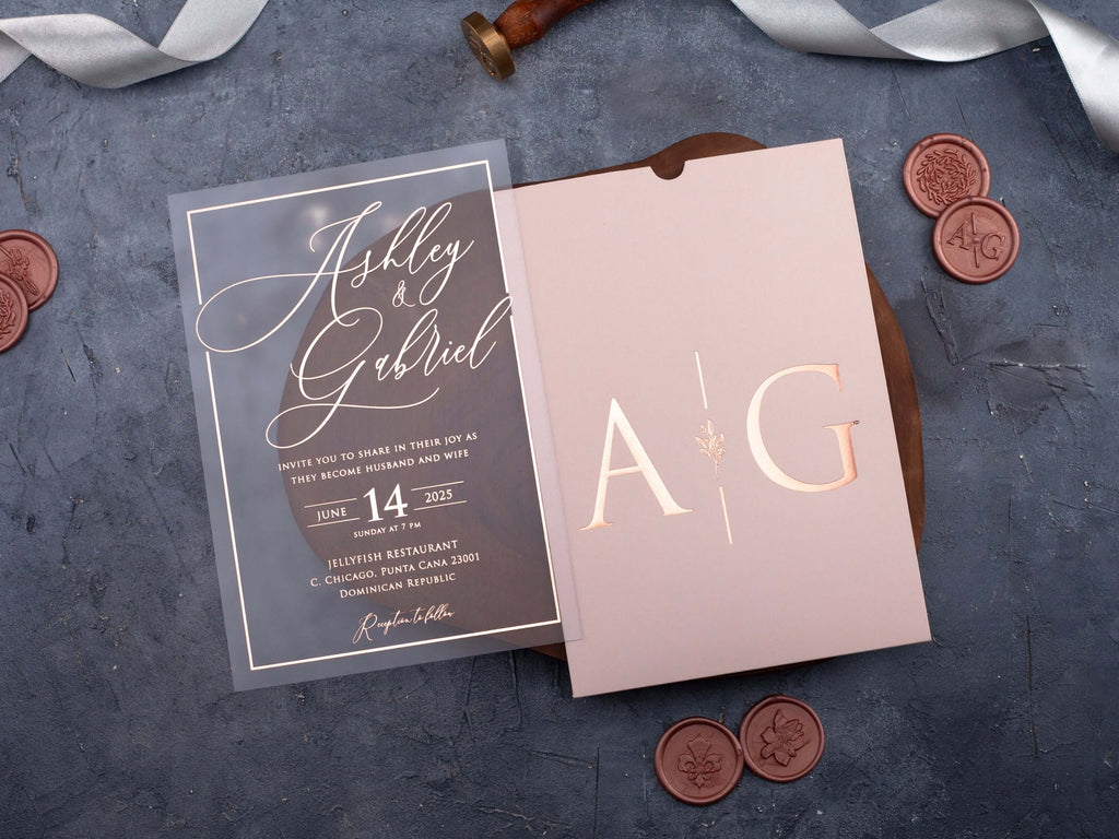 Rose Gold Foil Acrylic Wedding Invitation with Blush Pink Envelope