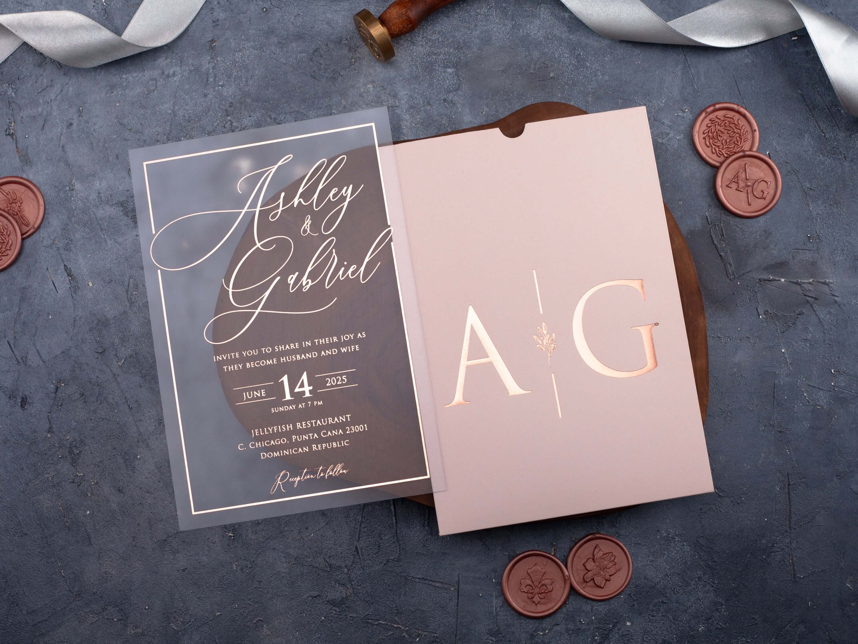 Rose Gold Foil Acrylic Wedding Invitation with Blush Pink Envelope