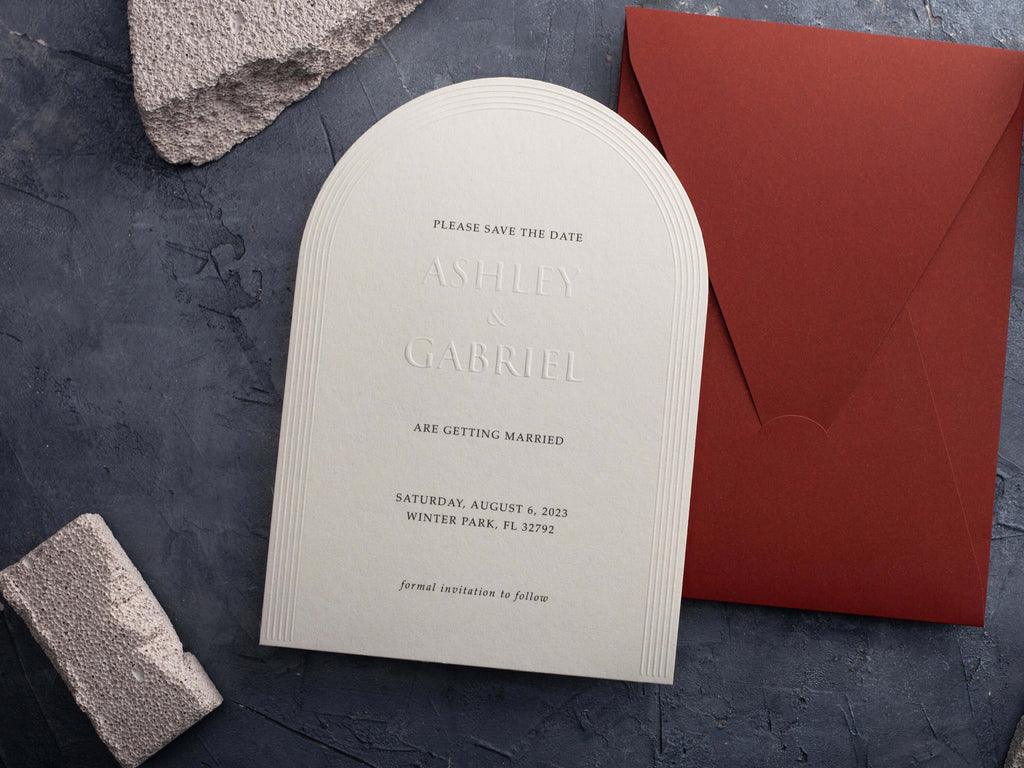 Arch Embossed Wedding Invitations - Letterpress with Terracotta Envelope