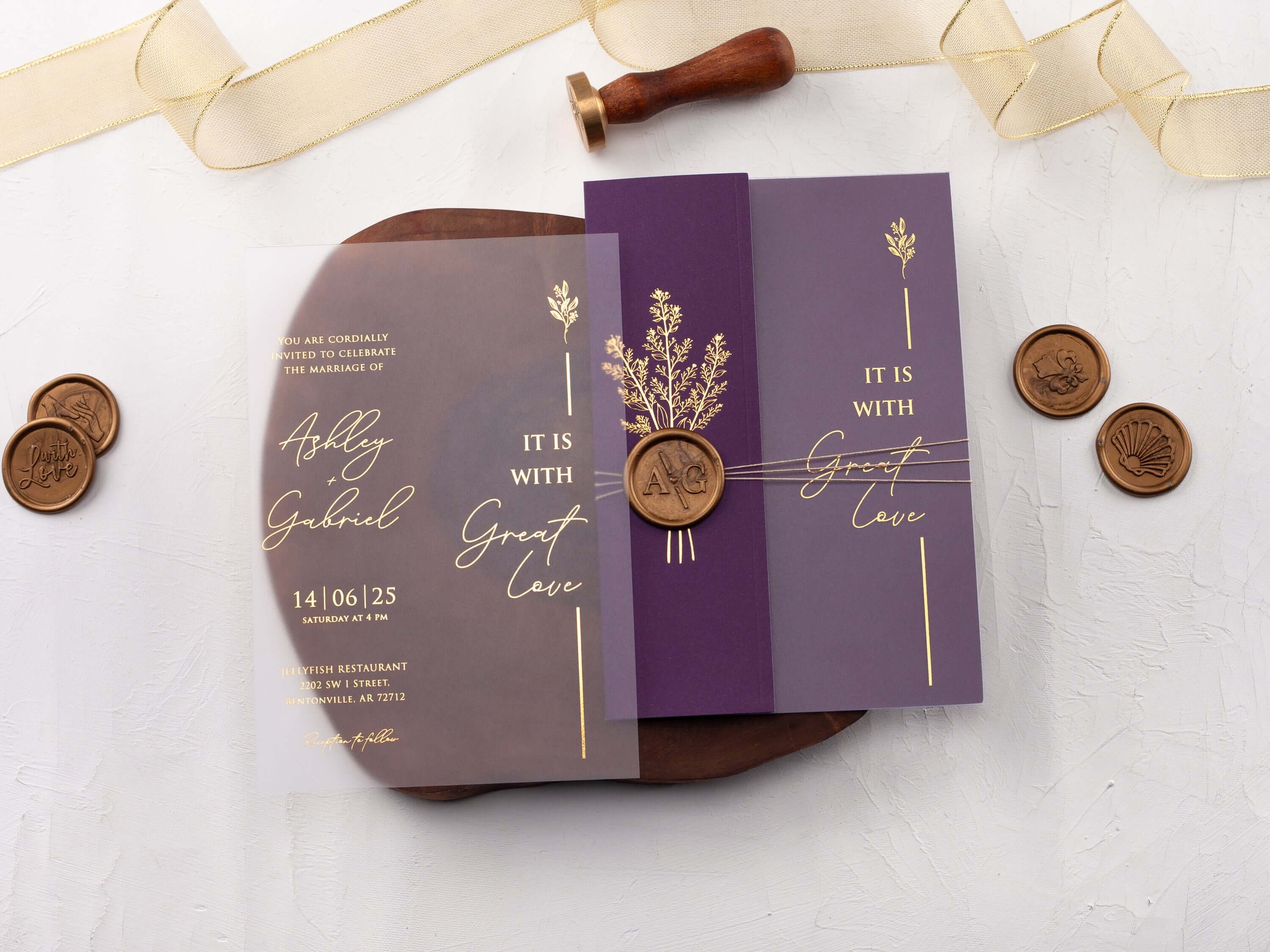 Gold Foiled Acrylic Invitations with Purple Half Jackets